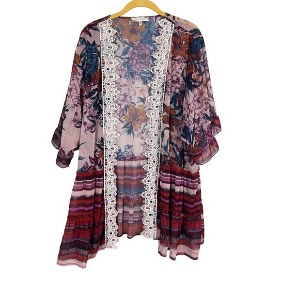 True Self Cardigan 3X Pink Floral Tiered Boho Concert Crochet Striped Western - Picture 1 of 10
